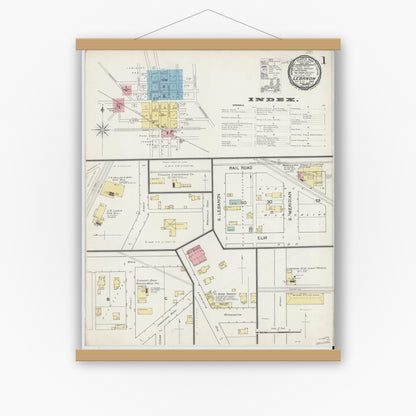Old map wall art mockup — magnetic wood frame on white wall — Sanborn Fire Insurance Map from Lebanon, Boone County, Indiana (1892) - Complete Map Set