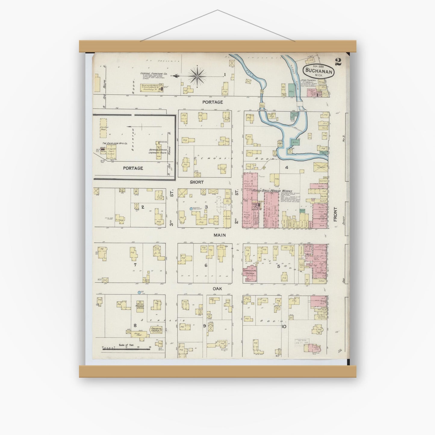 Old map wall art mockup — magnetic wood frame on white wall — Sanborn Fire Insurance Map from Buchanan, Berrien County, Michigan (1889), Sheet #0002