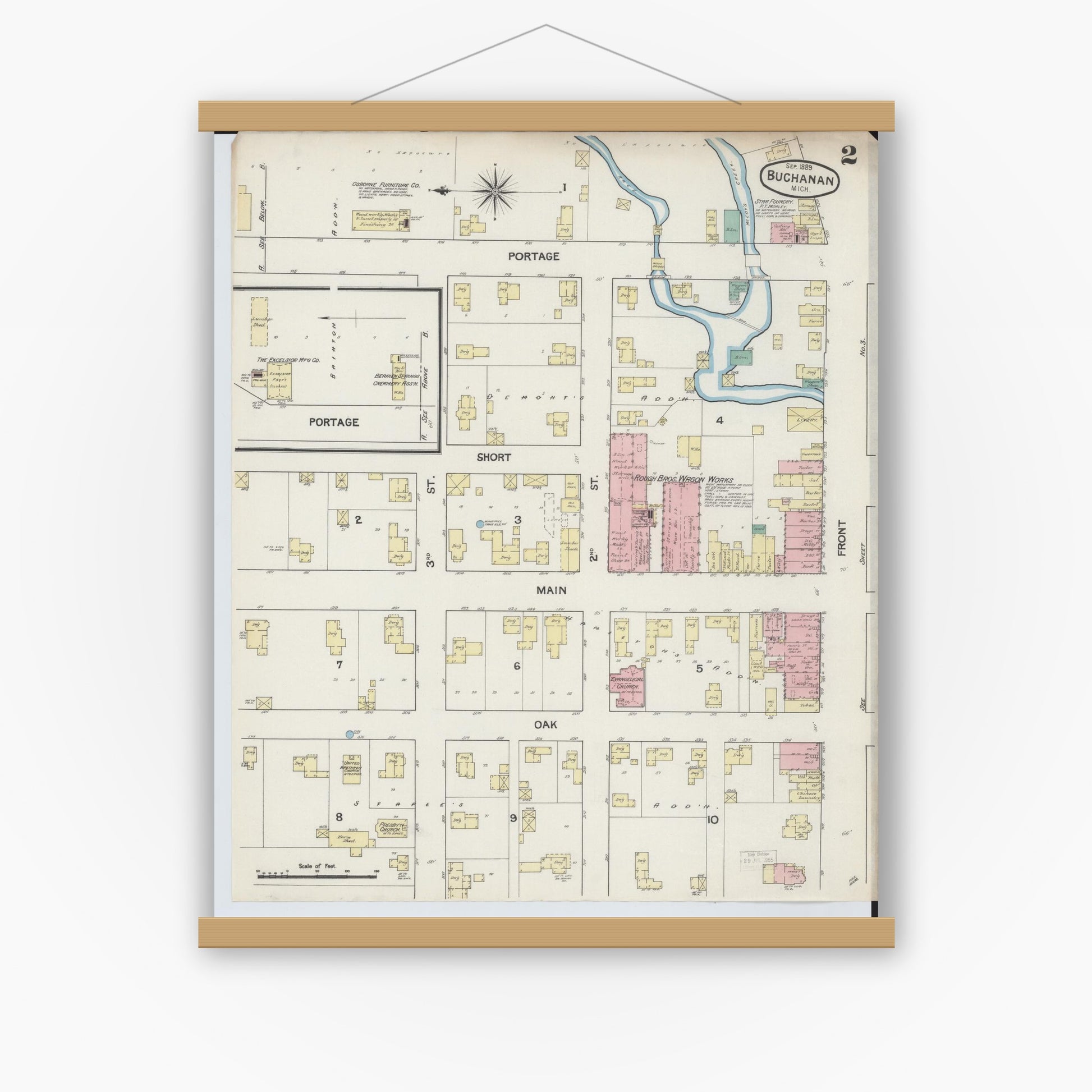 Old map wall art mockup — magnetic wood frame on white wall — Sanborn Fire Insurance Map from Buchanan, Berrien County, Michigan (1889), Sheet #0002
