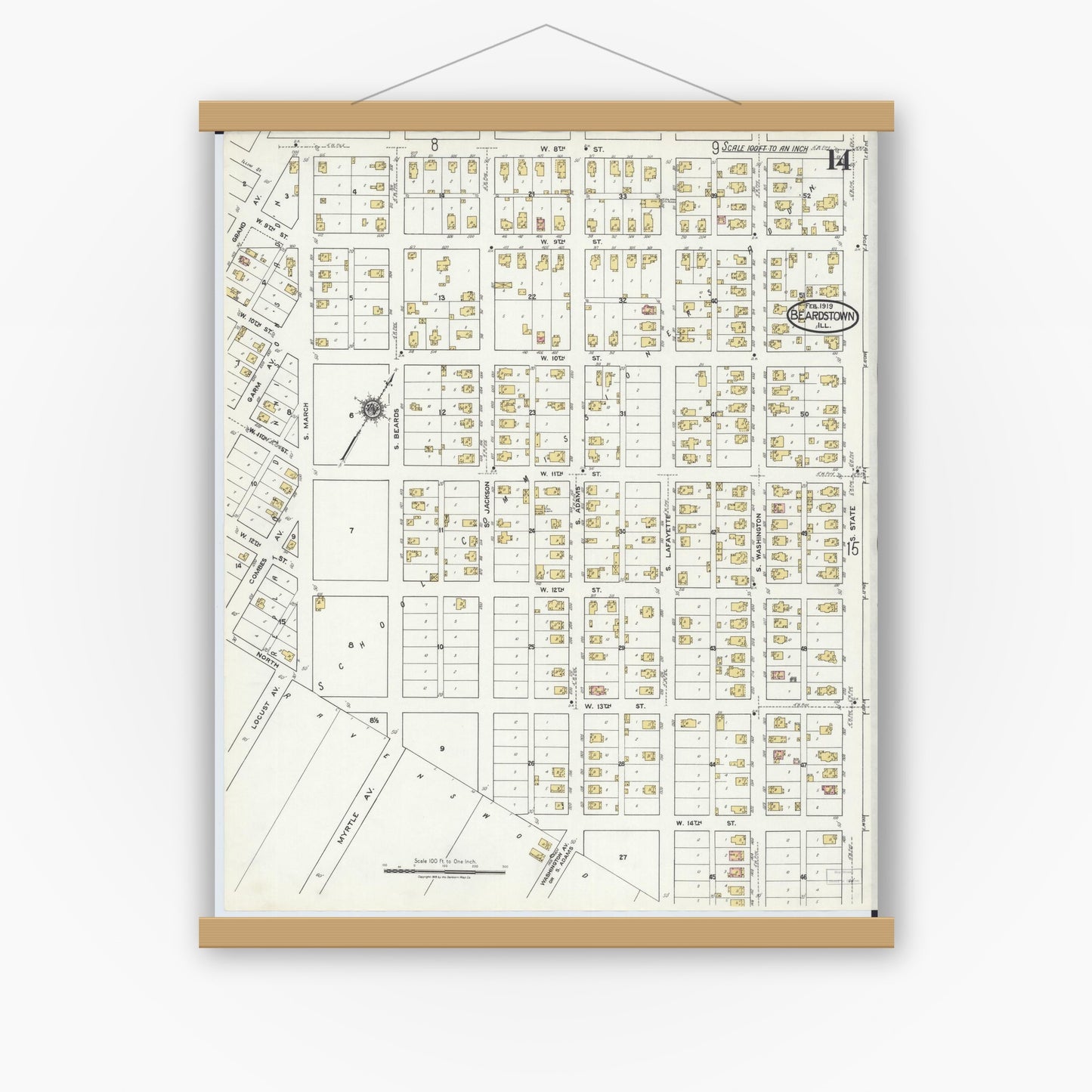 Old map wall art mockup — magnetic wood frame on white wall — Sanborn Fire Insurance Map from Beardstown, Cass County, Illinois (1919), Sheet #0014