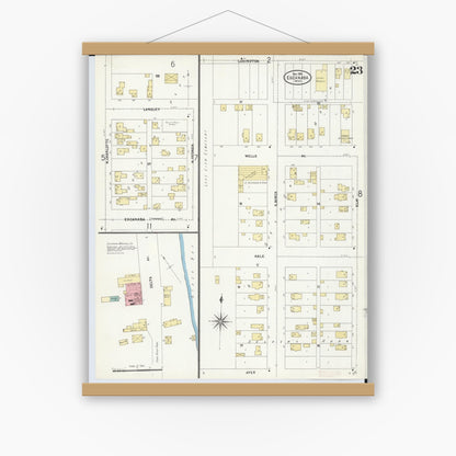 Old map wall art mockup — magnetic wood frame on white wall — Sanborn Fire Insurance Map from Escanaba, Delta County, Michigan (1906), Sheet #0023