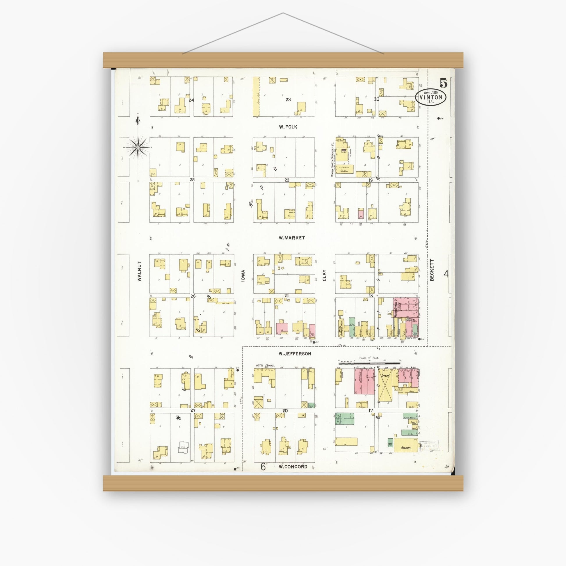 Old map wall art mockup — magnetic wood frame on white wall — Sanborn Fire Insurance Map from Vinton, Benton County, Iowa (1899), Sheet #0005