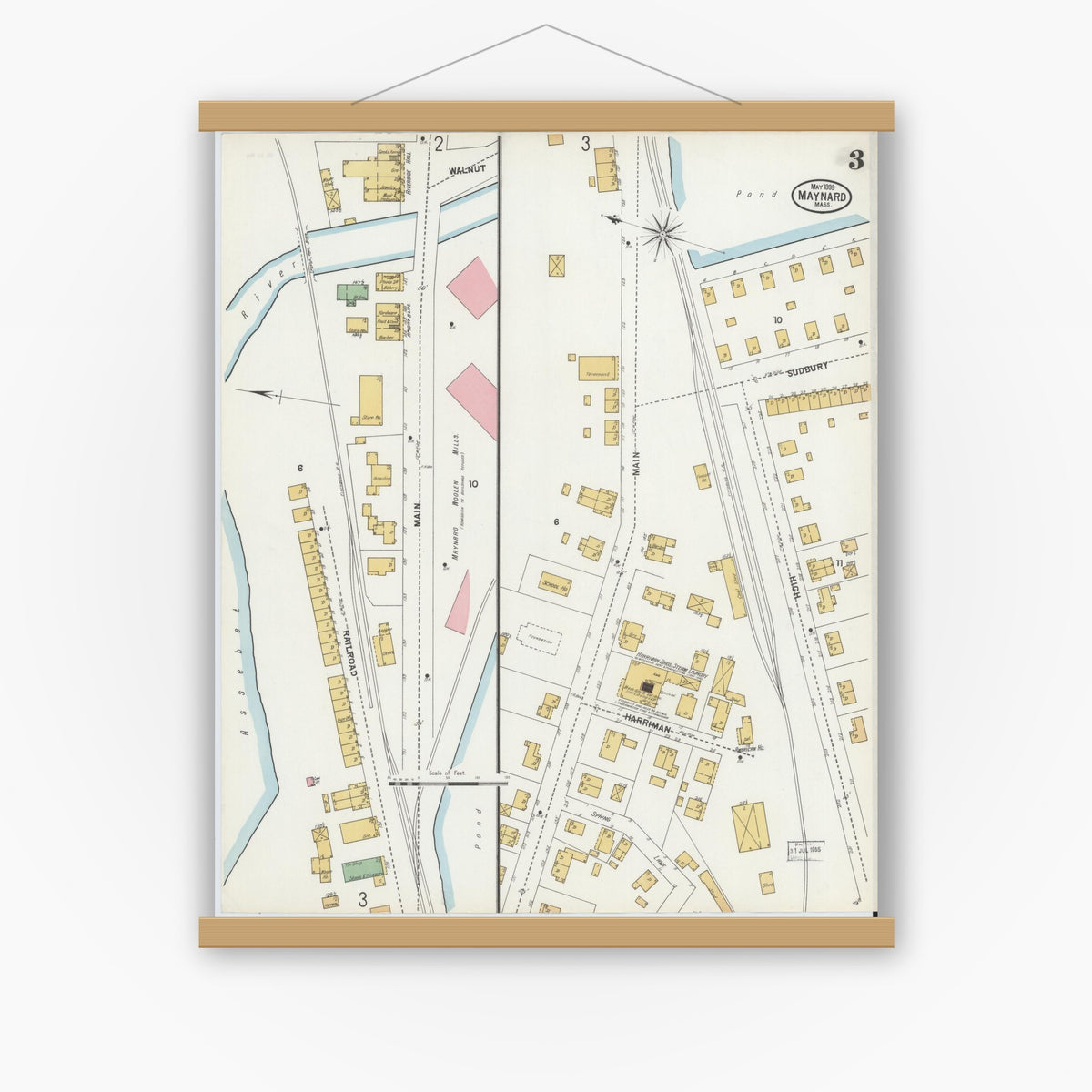 Old map wall art mockup — magnetic wood frame on white wall — Sanborn Fire Insurance Map from Maynard, Middlesex County, Massachusetts (1899), Sheet #0003
