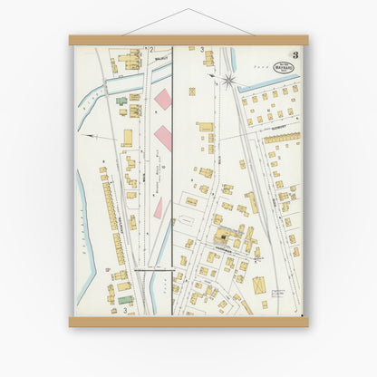 Old map wall art mockup — magnetic wood frame on white wall — Sanborn Fire Insurance Map from Maynard, Middlesex County, Massachusetts (1899), Sheet #0003
