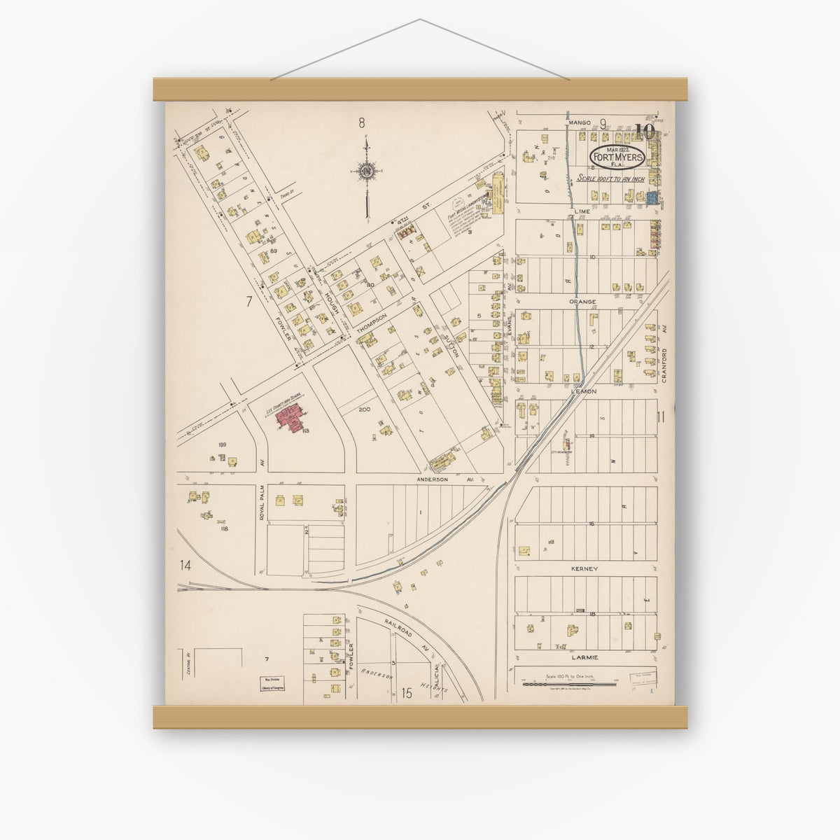 Old map wall art mockup — magnetic wood frame on white wall — Sanborn Fire Insurance Map from Fort Myers, Lee County, Florida (1922), Sheet #0010