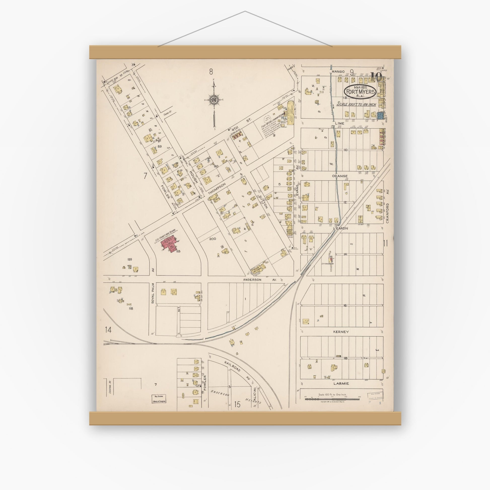 Old map wall art mockup — magnetic wood frame on white wall — Sanborn Fire Insurance Map from Fort Myers, Lee County, Florida (1922), Sheet #0010