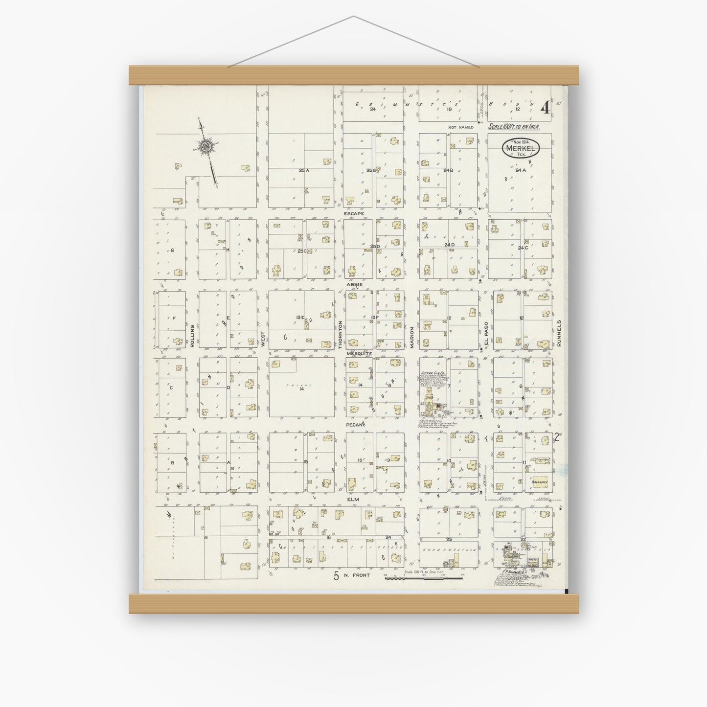 Old map wall art mockup — magnetic wood frame on white wall — Sanborn Fire Insurance Map from Merkel, Taylor County, Texas (1914), Sheet #0004