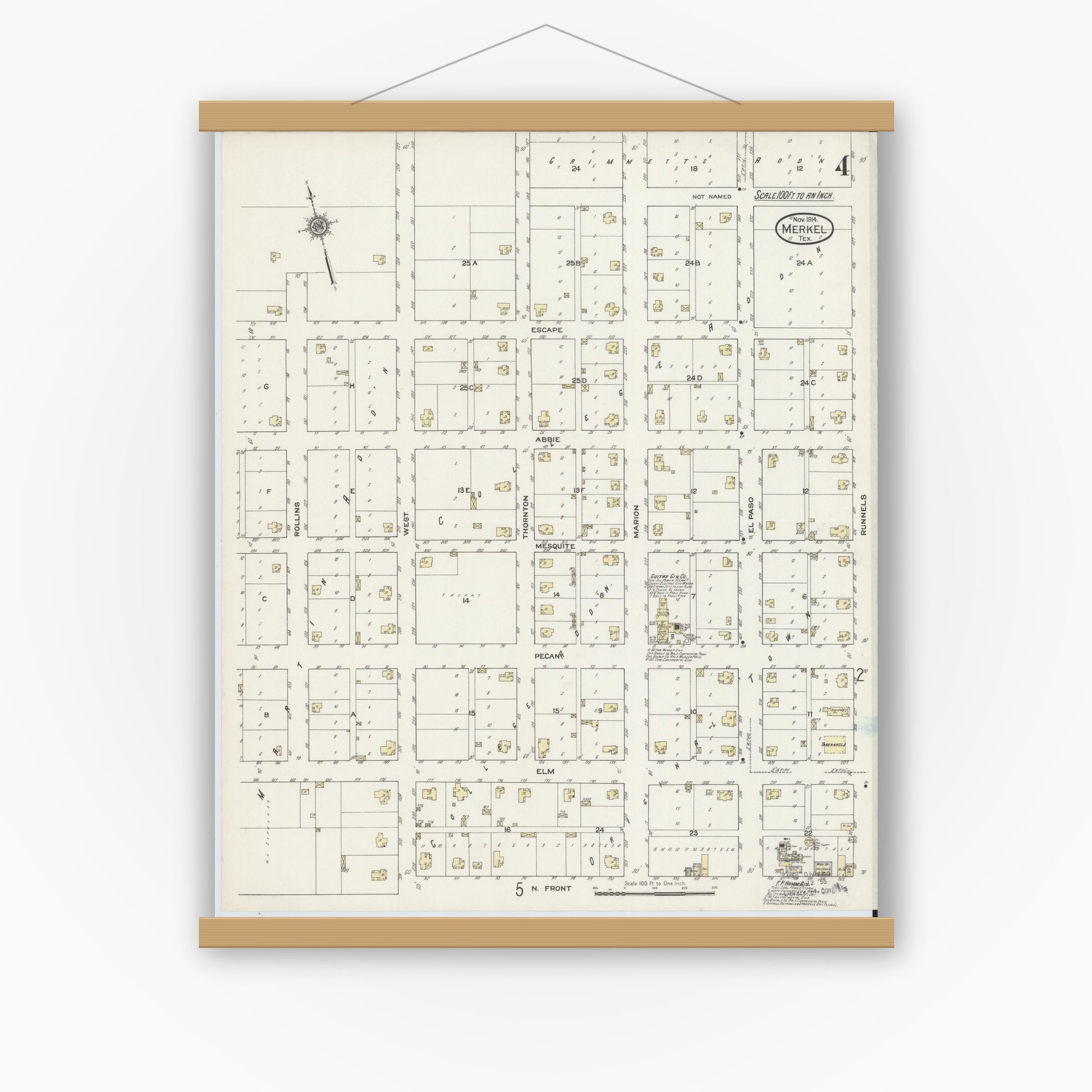 Old map wall art mockup — magnetic wood frame on white wall — Sanborn Fire Insurance Map from Merkel, Taylor County, Texas (1914), Sheet #0004