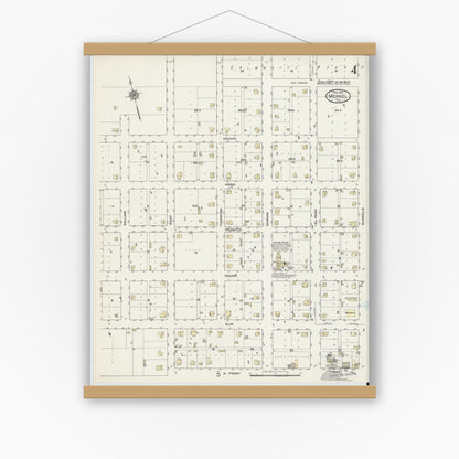 Old map wall art mockup — magnetic wood frame on white wall — Sanborn Fire Insurance Map from Merkel, Taylor County, Texas (1914), Sheet #0004