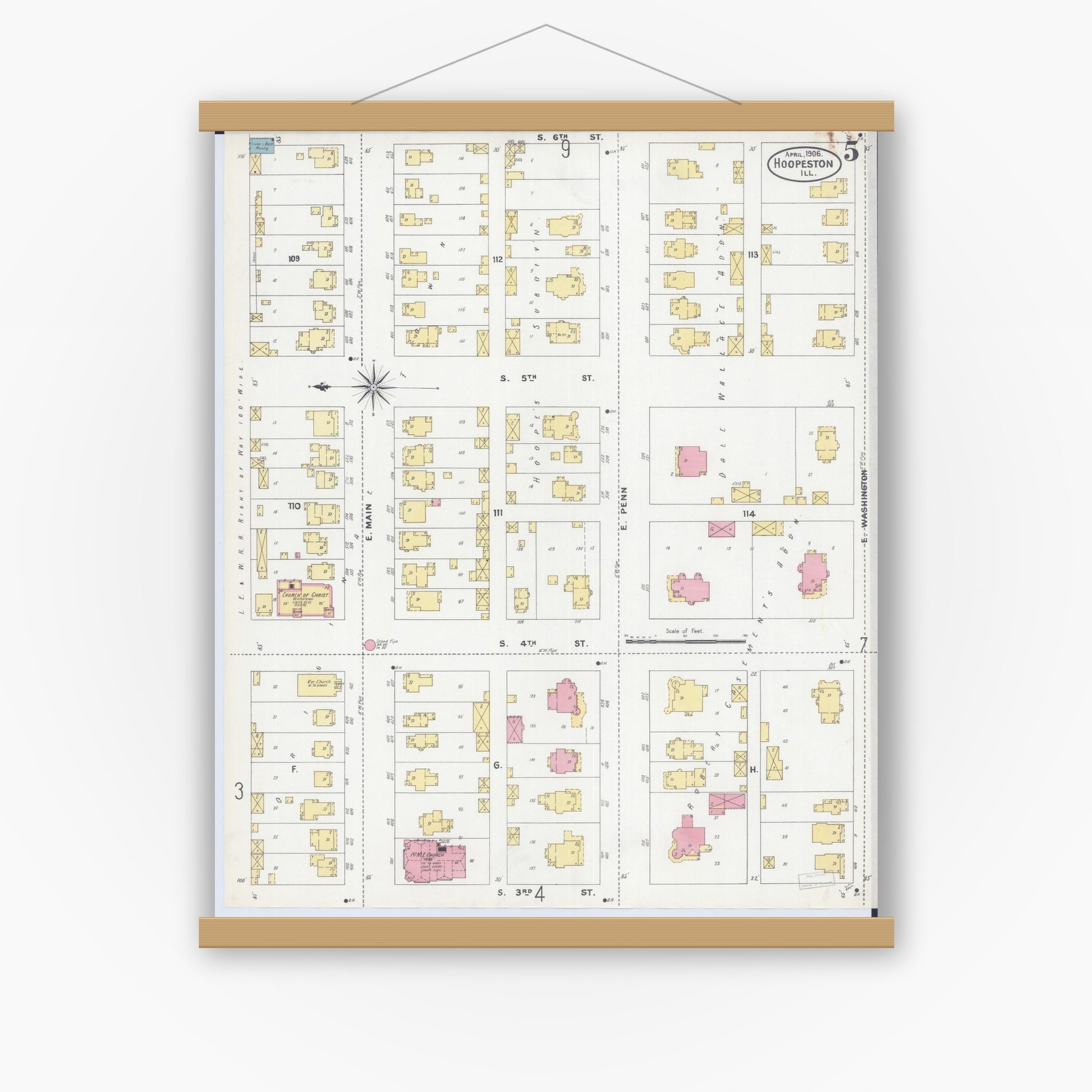 Old map wall art mockup — magnetic wood frame on white wall — Sanborn Fire Insurance Map from Hoopeston, Vermilion County, Illinois (1906), Sheet #0005