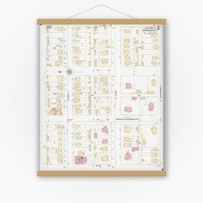Old map wall art mockup — magnetic wood frame on white wall — Sanborn Fire Insurance Map from Hoopeston, Vermilion County, Illinois (1906), Sheet #0005