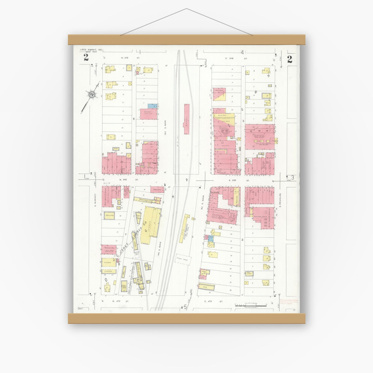 Old map wall art mockup — magnetic wood frame on white wall — Sanborn Fire Insurance Map from Lee's Summit, Jackson County, Missouri (1935), Sheet #0002