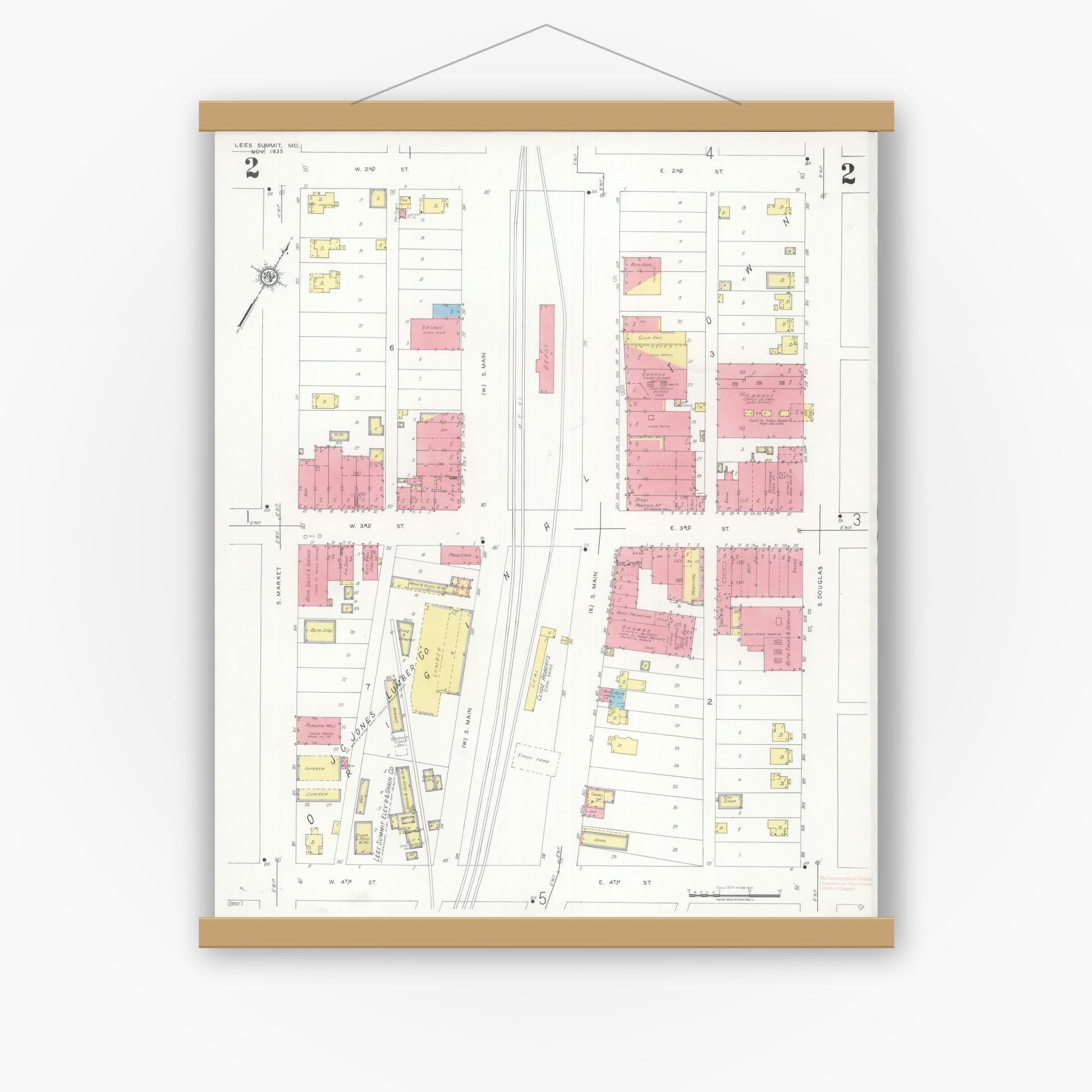 Old map wall art mockup — magnetic wood frame on white wall — Sanborn Fire Insurance Map from Lee's Summit, Jackson County, Missouri (1935), Sheet #0002