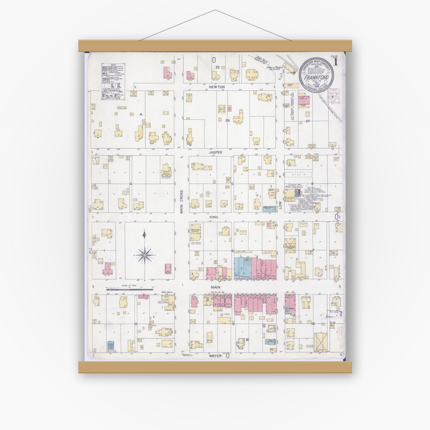 Old map wall art mockup — magnetic wood frame on white wall — Sanborn Fire Insurance Map from Frankford, Pike County, Missouri (1902) - Complete Map Set