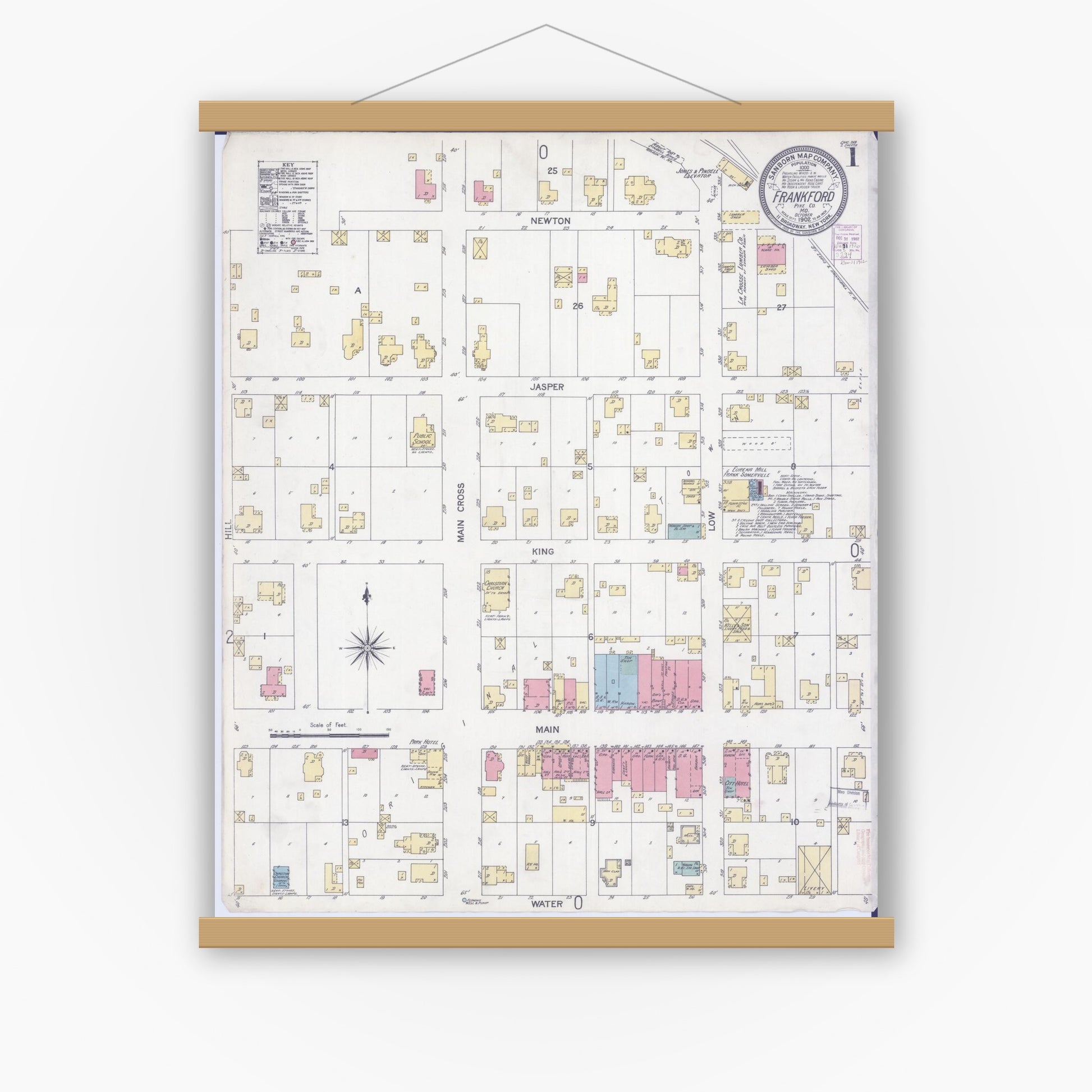 Old map wall art mockup — magnetic wood frame on white wall — Sanborn Fire Insurance Map from Frankford, Pike County, Missouri (1902) - Complete Map Set