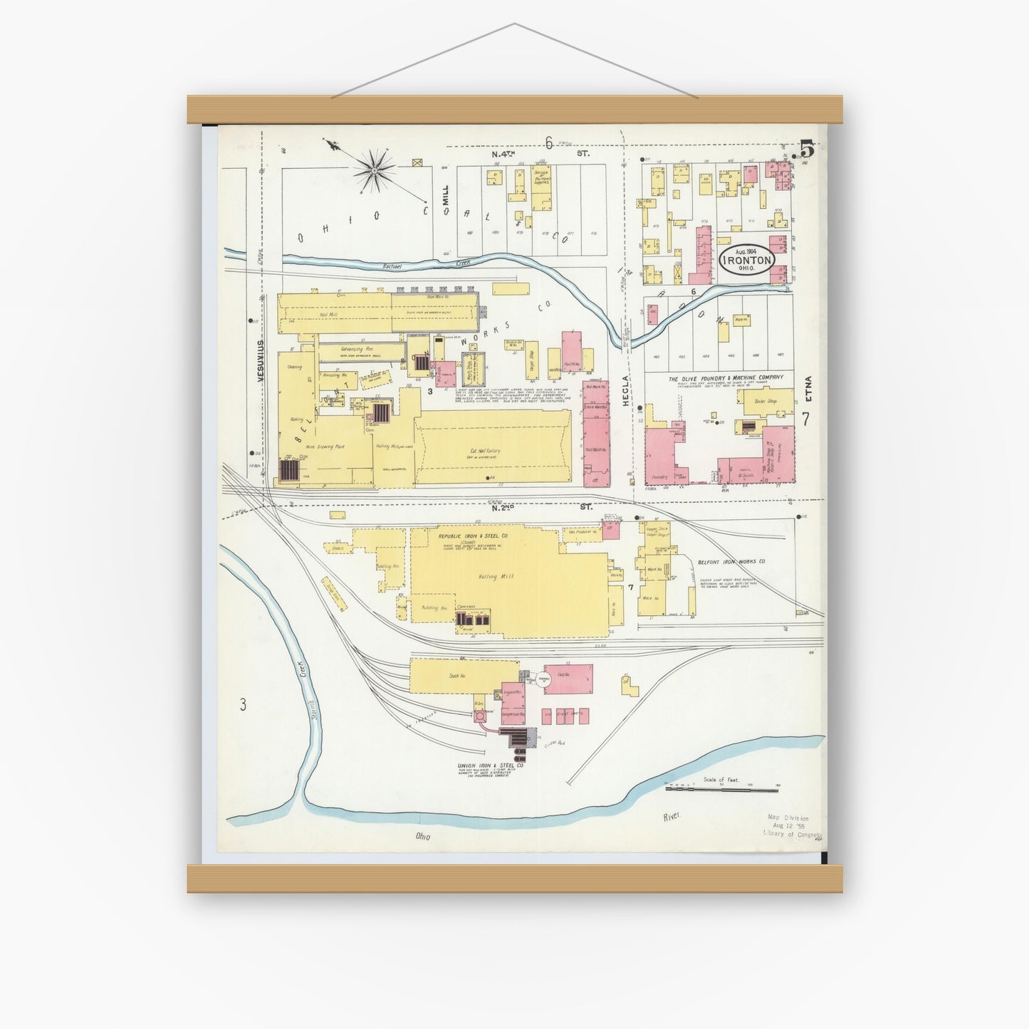 Old map wall art mockup — magnetic wood frame on white wall — Sanborn Fire Insurance Map from Ironton, Lawrence County, Ohio (1904), Sheet #0005
