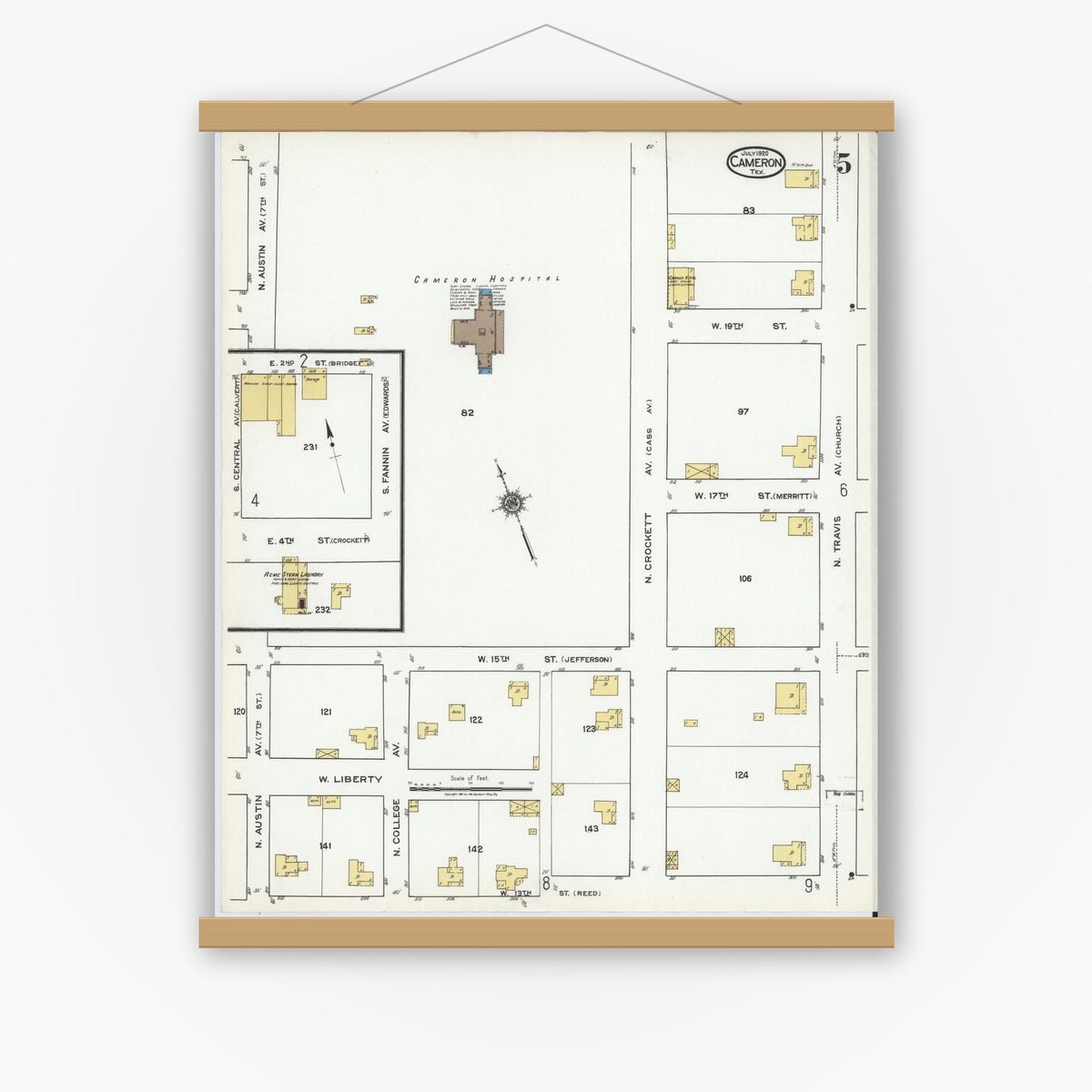 Old map wall art mockup — magnetic wood frame on white wall — Sanborn Fire Insurance Map from Cameron, Milam County, Texas (1920), Sheet #0005