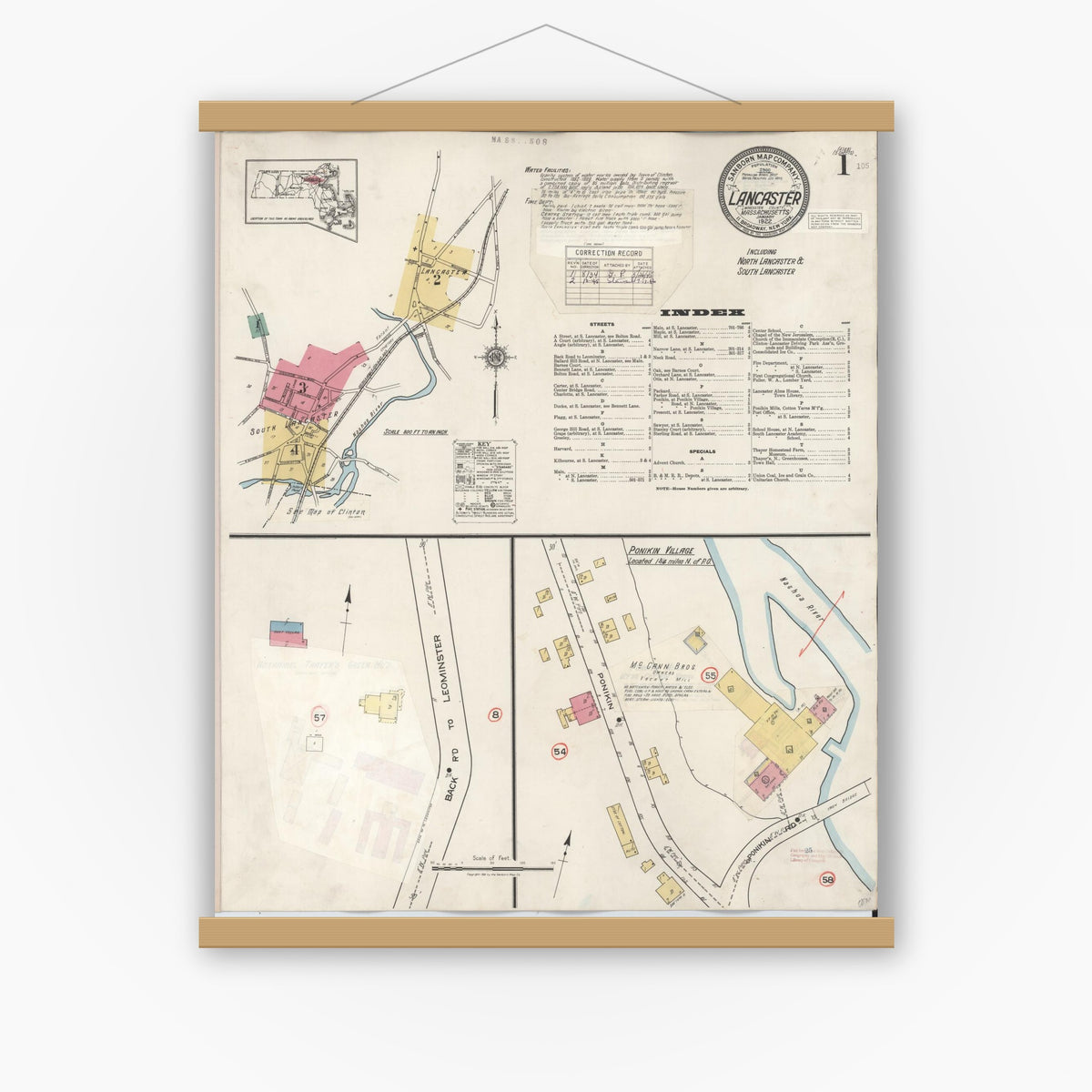 Old map wall art mockup — magnetic wood frame on white wall — Sanborn Fire Insurance Map from Lancaster, Worcester County, Massachusetts (1945) - Complete Map Set