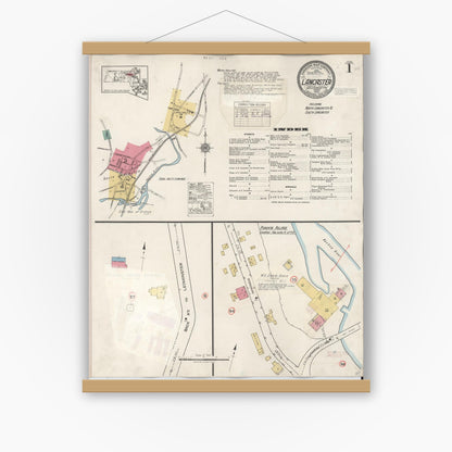 Old map wall art mockup — magnetic wood frame on white wall — Sanborn Fire Insurance Map from Lancaster, Worcester County, Massachusetts (1945) - Complete Map Set