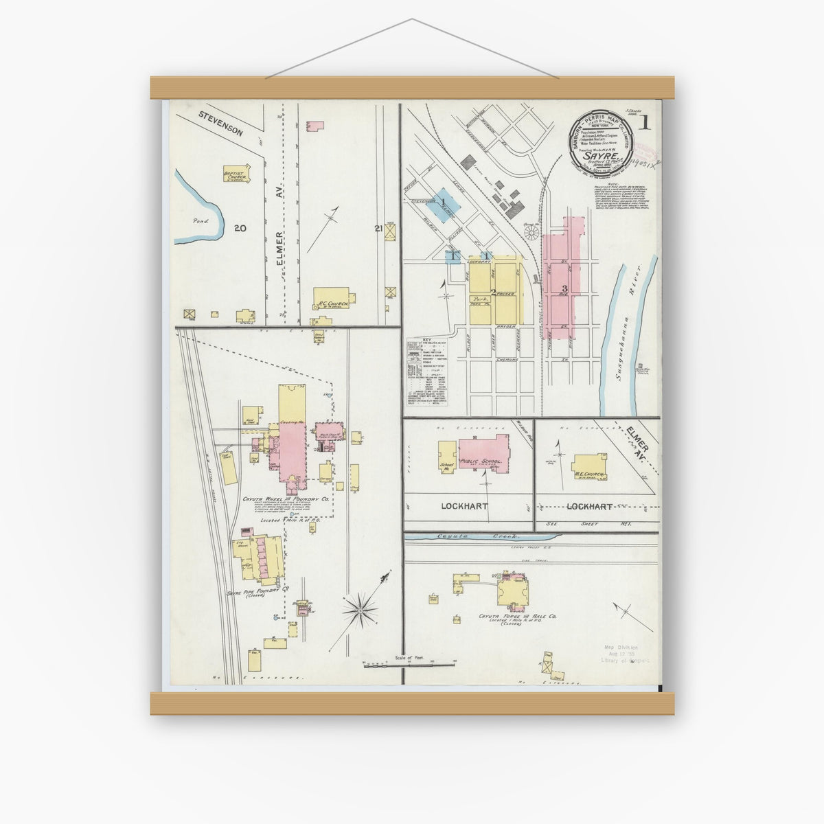 Old map wall art mockup — magnetic wood frame on white wall — Sanborn Fire Insurance Map from Sayre, Bradford County, Pennsylvania (1892) - Complete Map Set