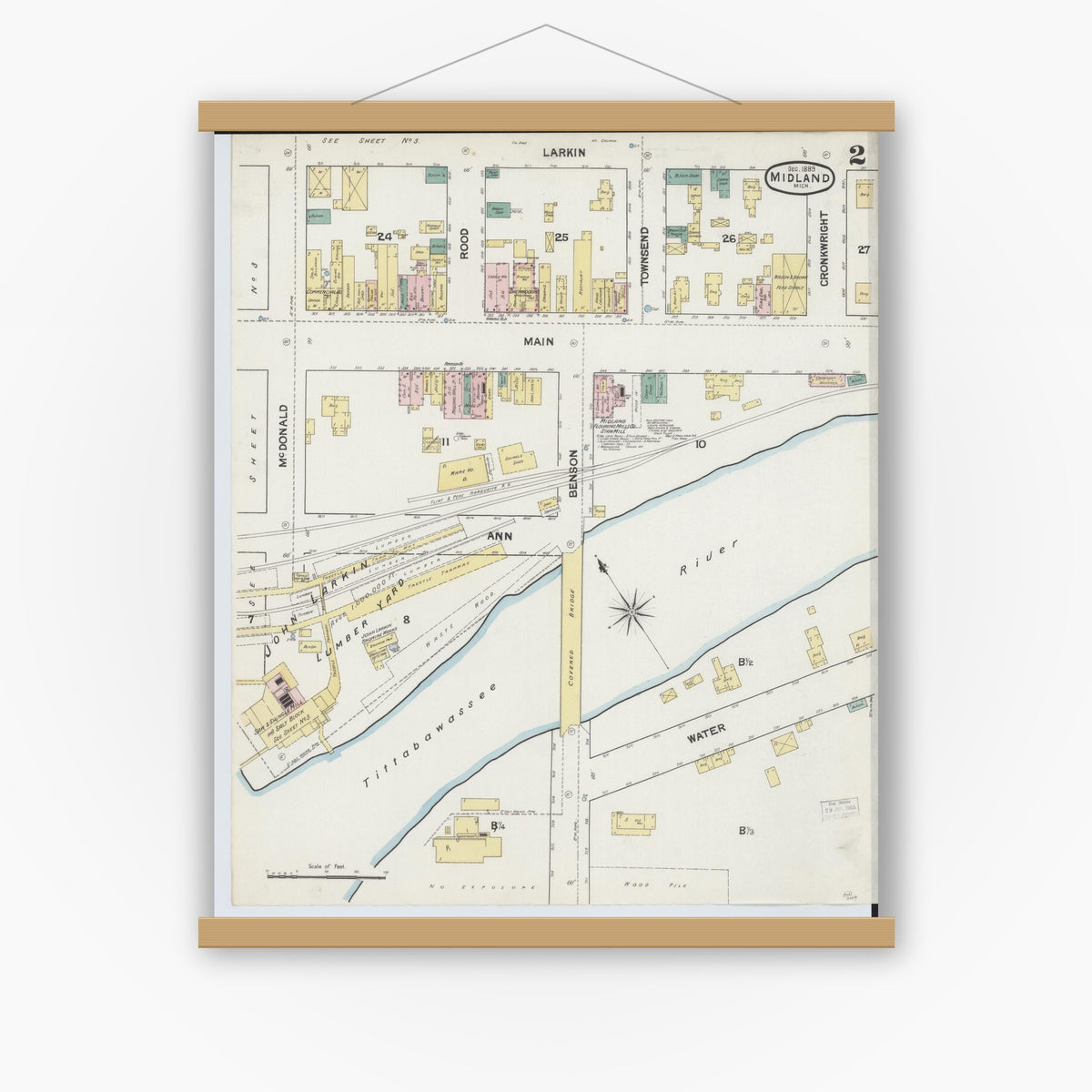 Old map wall art mockup — magnetic wood frame on white wall — Sanborn Fire Insurance Map from Midland, Midland County, Michigan (1889), Sheet #0002