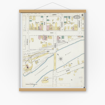 Old map wall art mockup — magnetic wood frame on white wall — Sanborn Fire Insurance Map from Midland, Midland County, Michigan (1889), Sheet #0002