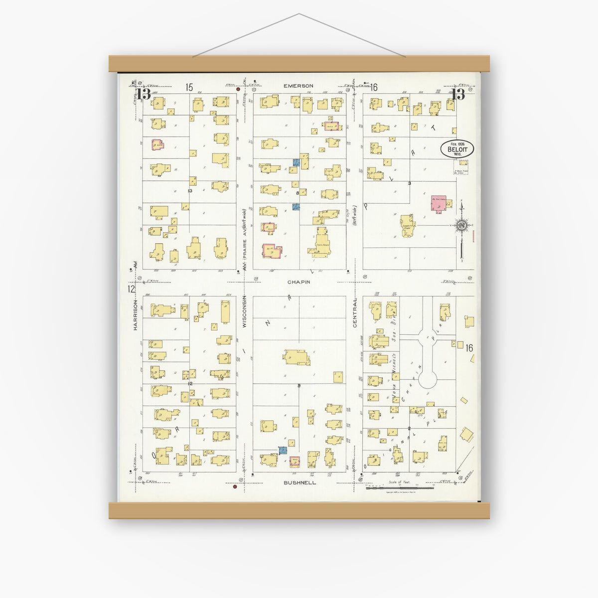 Old map wall art mockup — magnetic wood frame on white wall — Sanborn Fire Insurance Map from Beloit, Rock County, Wisconsin (1926), Sheet #0013