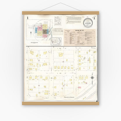Old map wall art mockup — magnetic wood frame on white wall — Sanborn Fire Insurance Map from Logan, Harrison County, Iowa (1934) â€” Complete Set