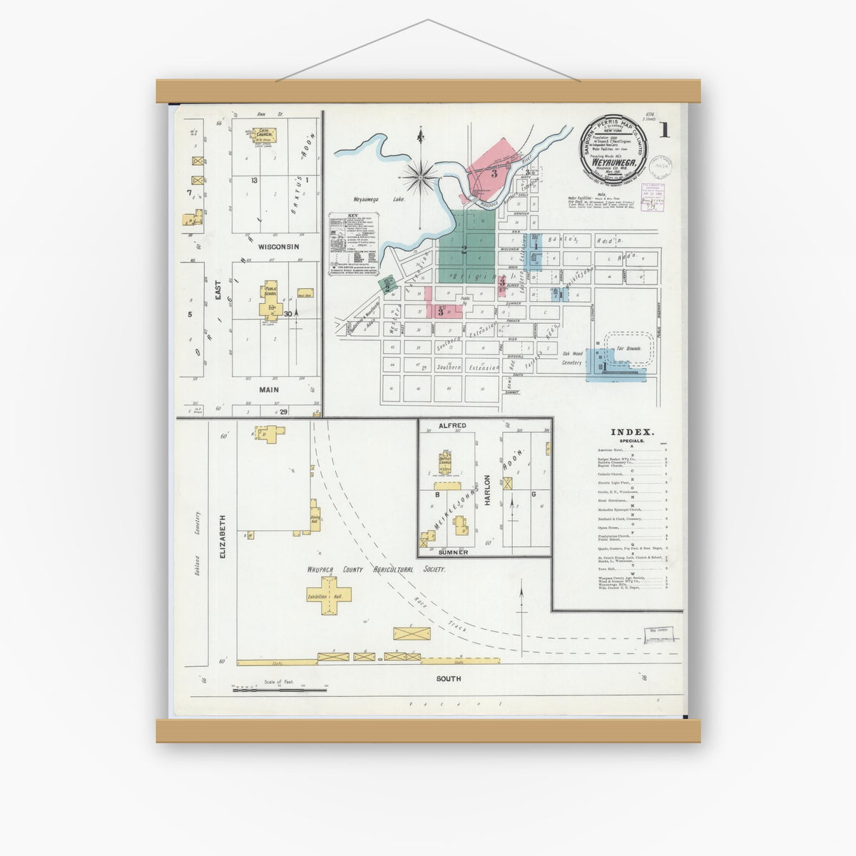 Old map wall art mockup — magnetic wood frame on white wall — Sanborn Fire Insurance Map from Weyauwega, Waupaca County, Wisconsin (1901), Sheet #0001