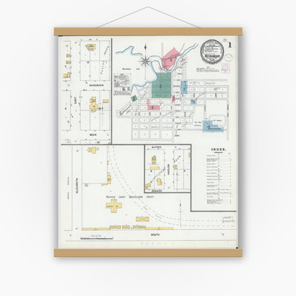 Old map wall art mockup — magnetic wood frame on white wall — Sanborn Fire Insurance Map from Weyauwega, Waupaca County, Wisconsin (1901), Sheet #0001