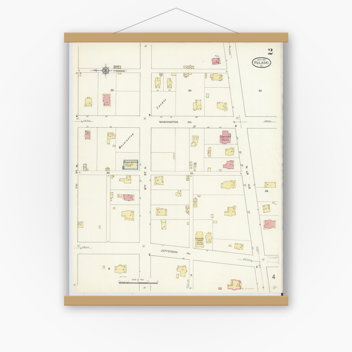 Old map wall art mockup — magnetic wood frame on white wall — Sanborn Fire Insurance Map from Pulaski, Pulaski County, Virginia (1913), Sheet #0002
