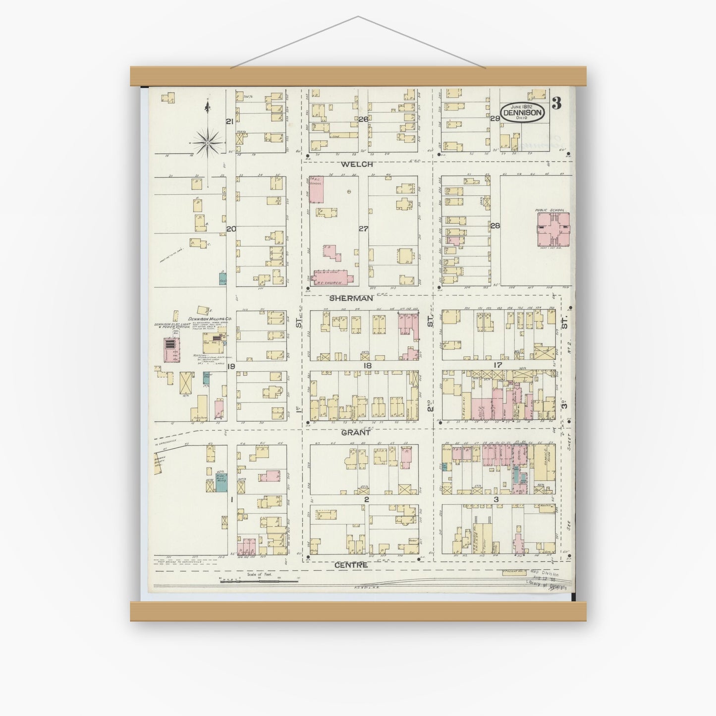 Old map wall art mockup — magnetic wood frame on white wall — Sanborn Fire Insurance Map from Dennison, Tuscarawas County, Ohio (1892), Sheet #0003