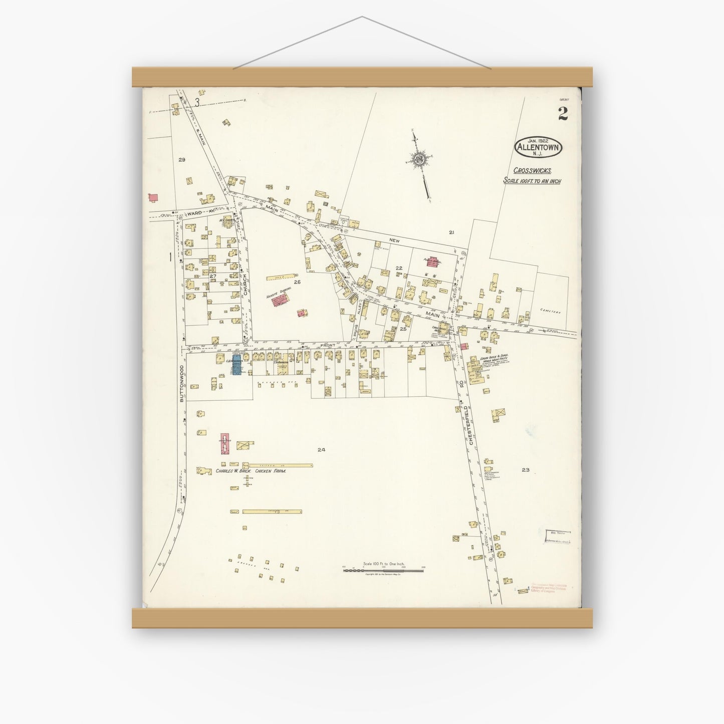 Old map wall art mockup — magnetic wood frame on white wall — Sanborn Fire Insurance Map from Allentown, Monmouth County, New Jersey (1922), Sheet #0002