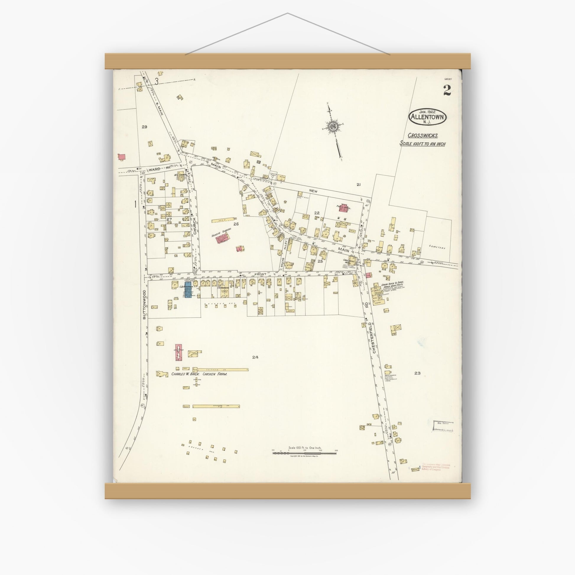 Old map wall art mockup — magnetic wood frame on white wall — Sanborn Fire Insurance Map from Allentown, Monmouth County, New Jersey (1922), Sheet #0002