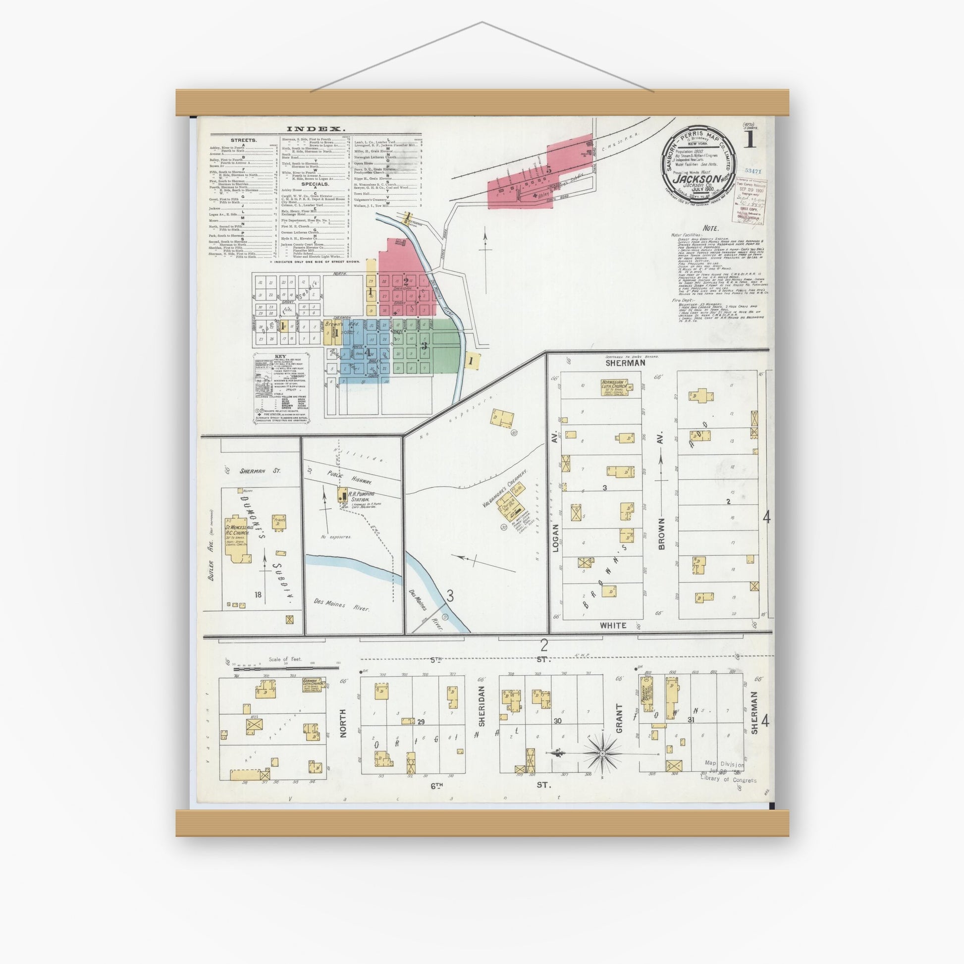Old map wall art mockup — magnetic wood frame on white wall — Sanborn Fire Insurance Map from Jackson, Jackson County, Minnesota (1900), Sheet #0001
