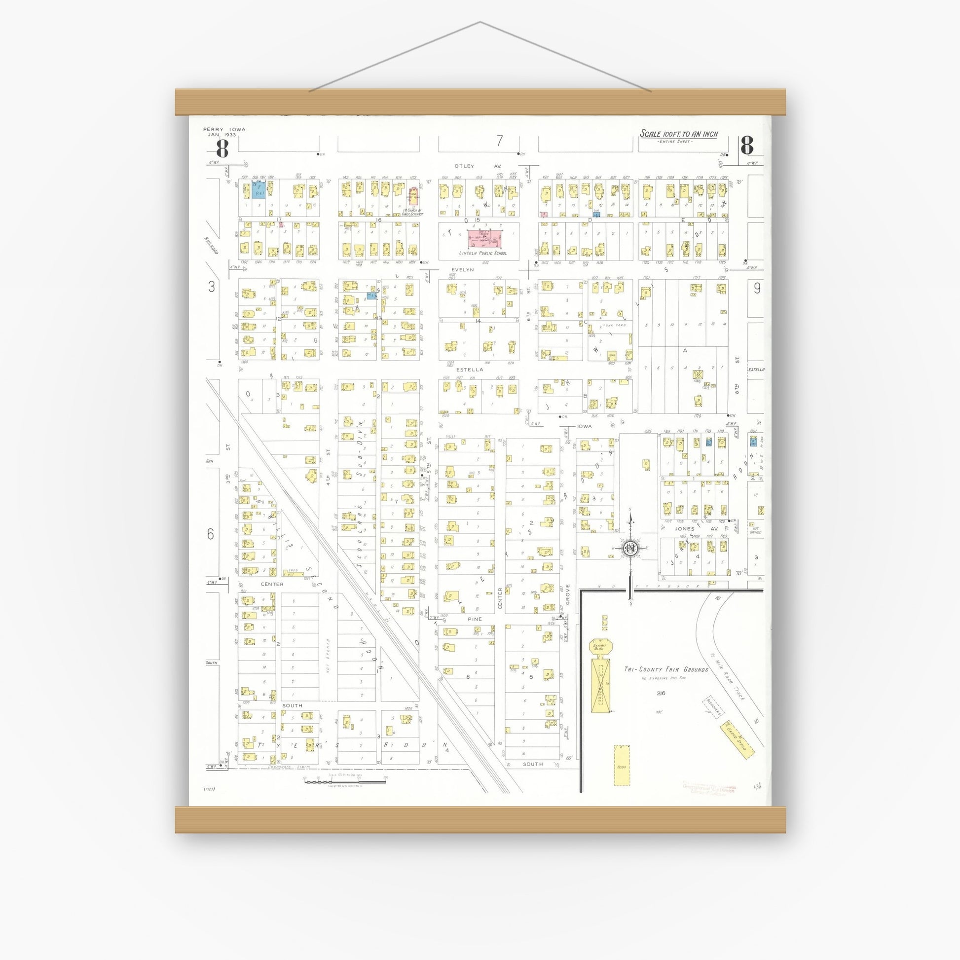 Old map wall art mockup — magnetic wood frame on white wall — Sanborn Fire Insurance Map from Perry, Dallas County, Iowa (1933), Sheet #0008