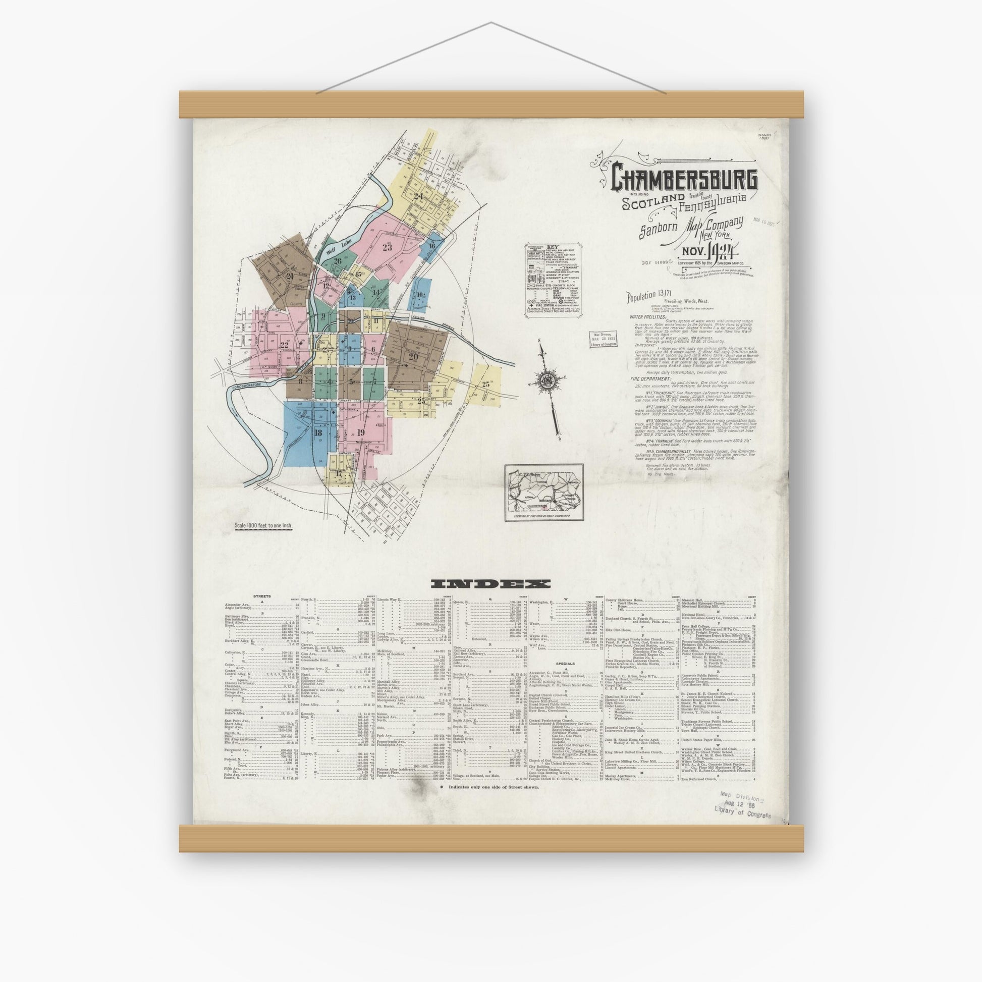 Old map wall art mockup — magnetic wood frame on white wall — Sanborn Fire Insurance Map from Chambersburg, Franklin County, Pennsylvania (1924), Sheet #0001