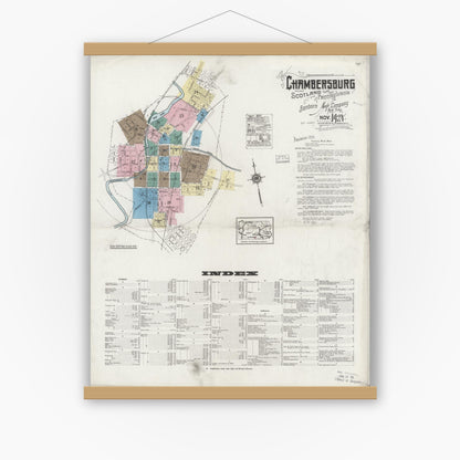 Old map wall art mockup — magnetic wood frame on white wall — Sanborn Fire Insurance Map from Chambersburg, Franklin County, Pennsylvania (1924), Sheet #0001