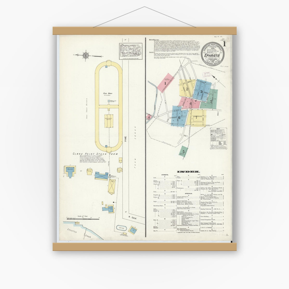 Old map wall art mockup — magnetic wood frame on white wall — Sanborn Fire Insurance Map from Ephrata, Lancaster County, Pennsylvania (1912) - Complete Map Set