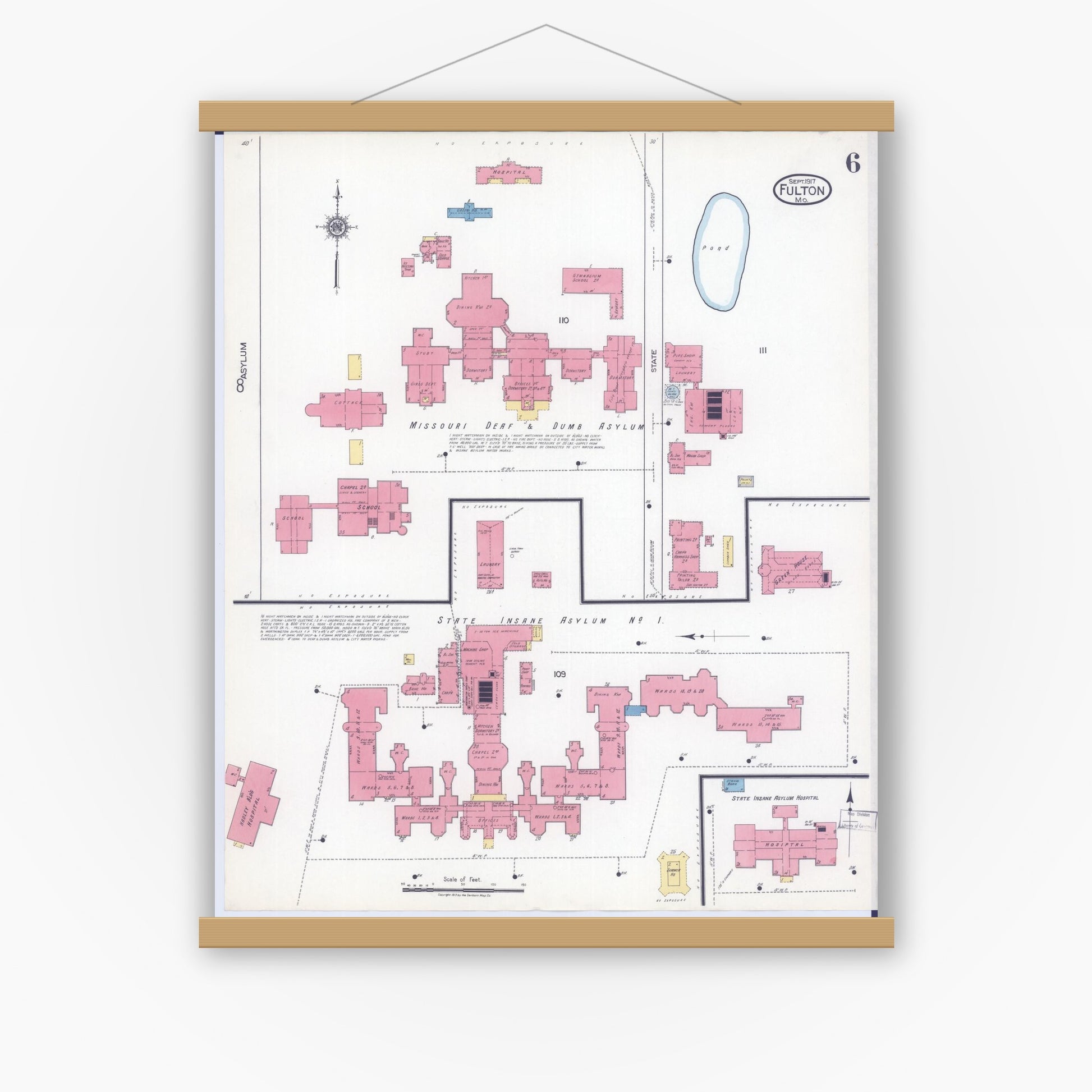 Old map wall art mockup — magnetic wood frame on white wall — Sanborn Fire Insurance Map from Fulton, Callaway County, Missouri (1917), Sheet #0006