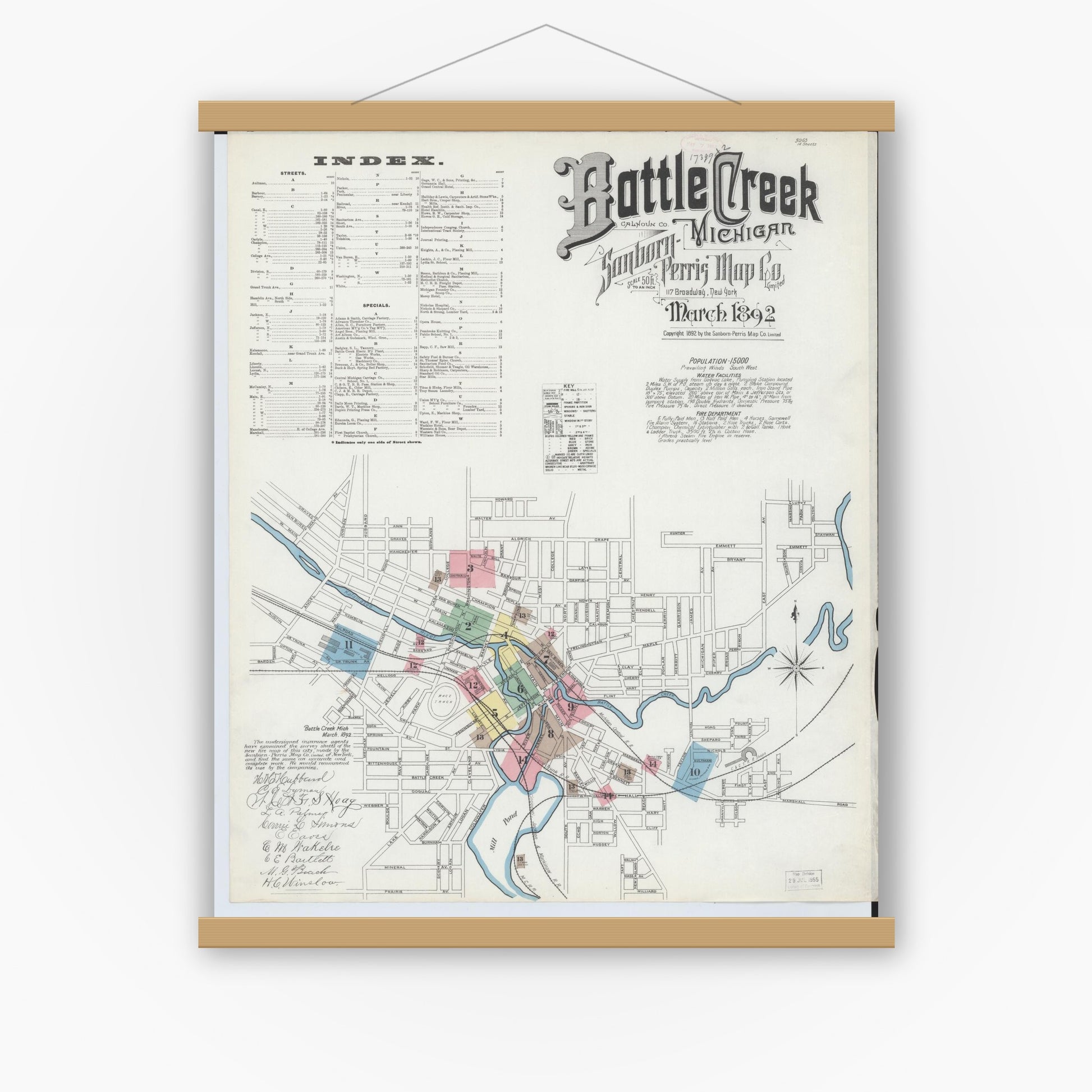 Old map wall art mockup — magnetic wood frame on white wall — Sanborn Fire Insurance Map from Battle Creek, Calhoun County, Michigan (1892), Sheet #0001
