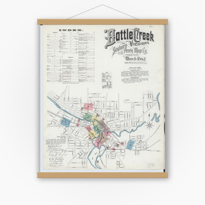 Old map wall art mockup — magnetic wood frame on white wall — Sanborn Fire Insurance Map from Battle Creek, Calhoun County, Michigan (1892), Sheet #0001