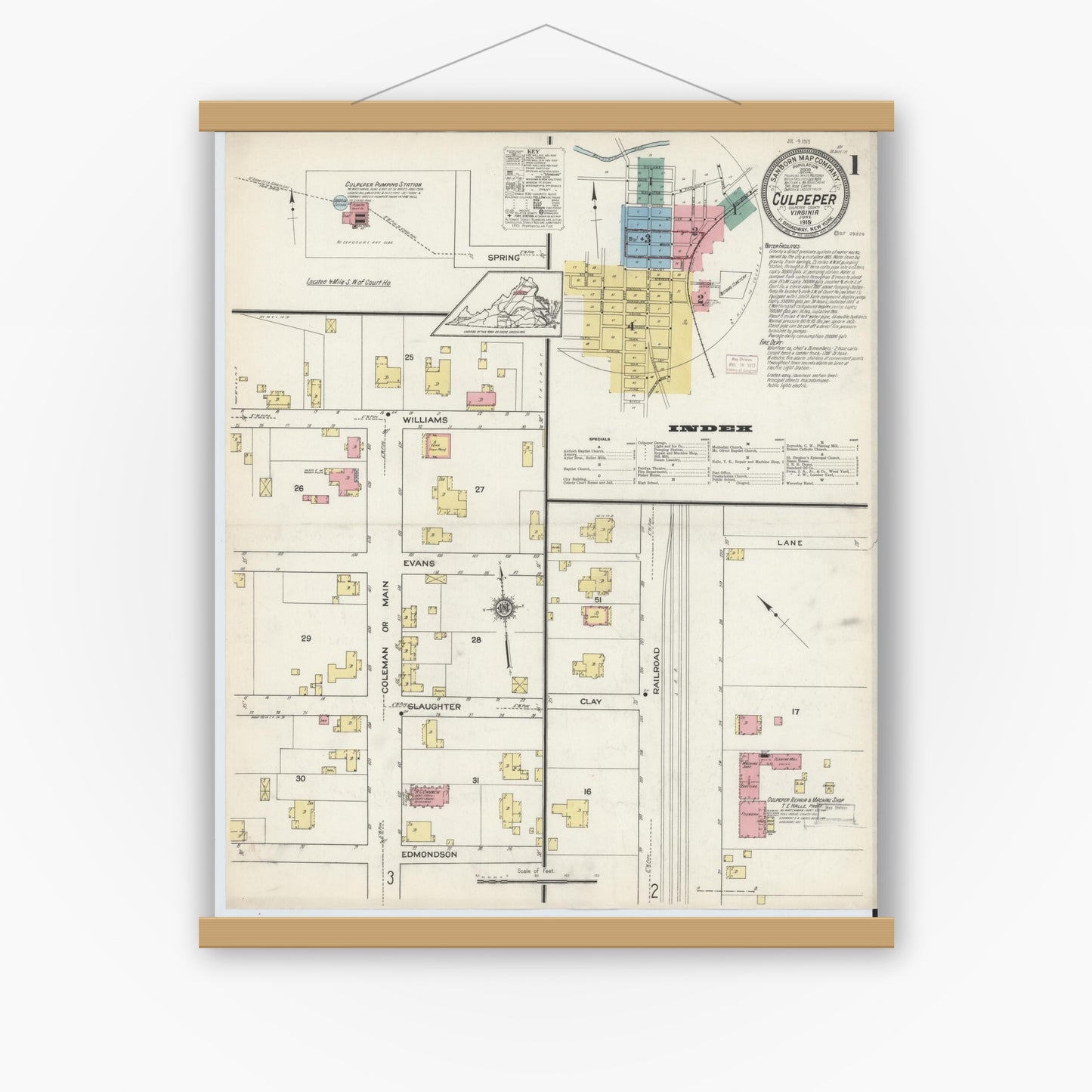 Old map wall art mockup — magnetic wood frame on white wall — Sanborn Fire Insurance Map from Culpeper, Culpeper County, Virginia (1915) - Complete Map Set