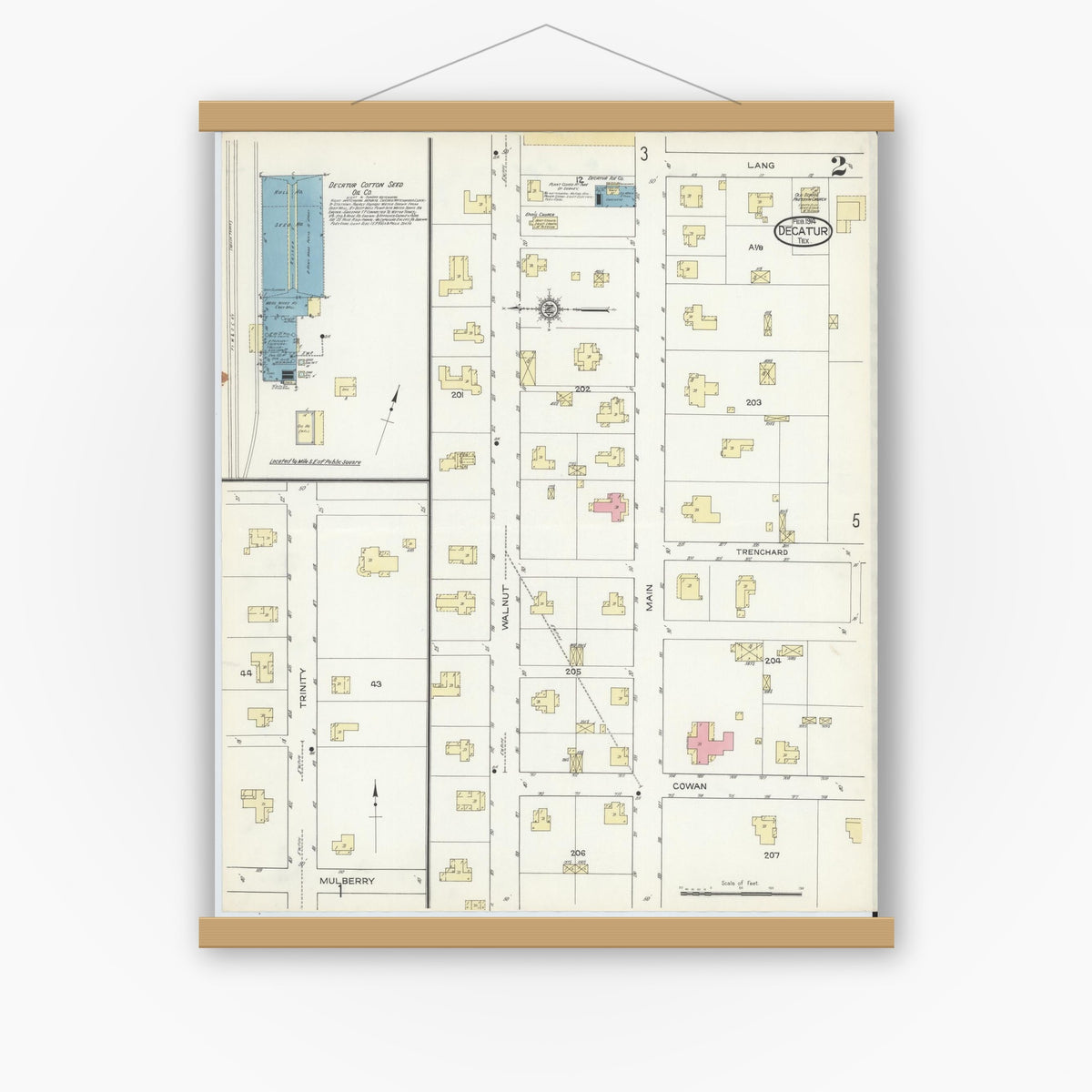 Old map wall art mockup — magnetic wood frame on white wall — Sanborn Fire Insurance Map from Decatur, Wise County, Texas (1914), Sheet #0002