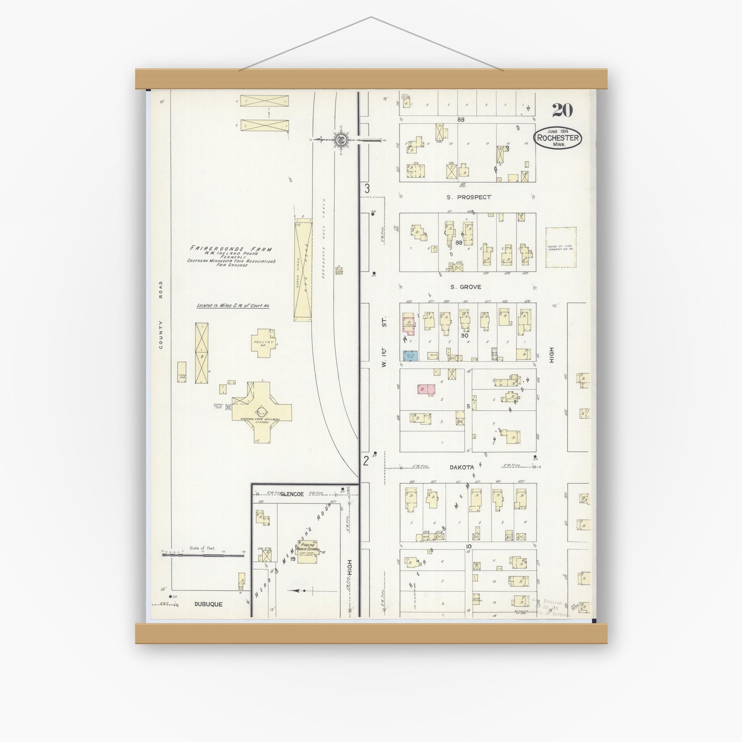Old map wall art mockup — magnetic wood frame on white wall — Sanborn Fire Insurance Map from Rochester, Olmsted County, Minnesota (1914), Sheet #0020