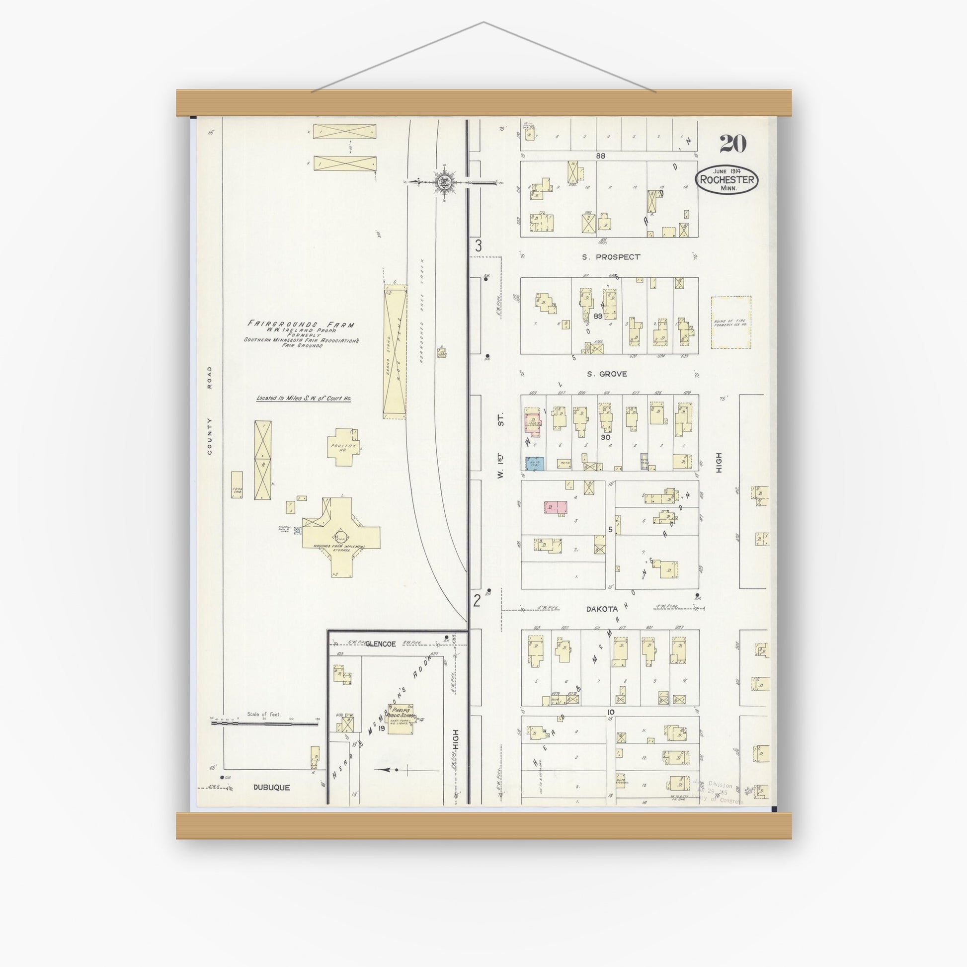 Old map wall art mockup — magnetic wood frame on white wall — Sanborn Fire Insurance Map from Rochester, Olmsted County, Minnesota (1914), Sheet #0020