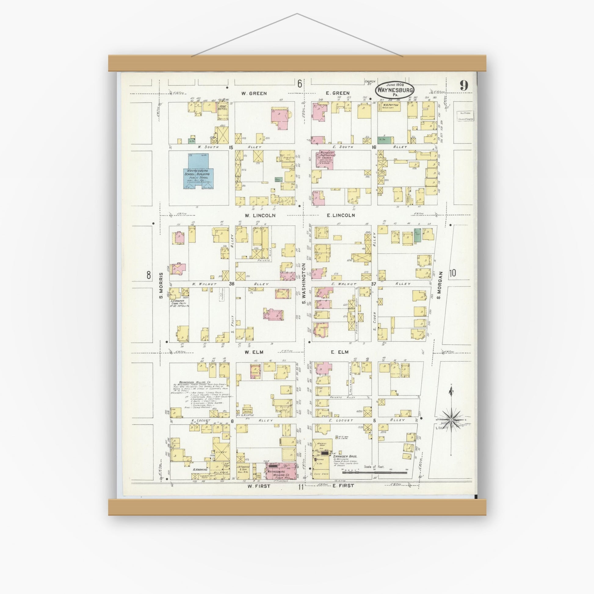 Old map wall art mockup — magnetic wood frame on white wall — Sanborn Fire Insurance Map from Waynesburg, Greene County, Pennsylvania (1908), Sheet #0009