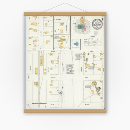 Old map wall art mockup — magnetic wood frame on white wall — Sanborn Fire Insurance Map from Goldthwaite, Mills County, Texas (1904) - Complete Map Set