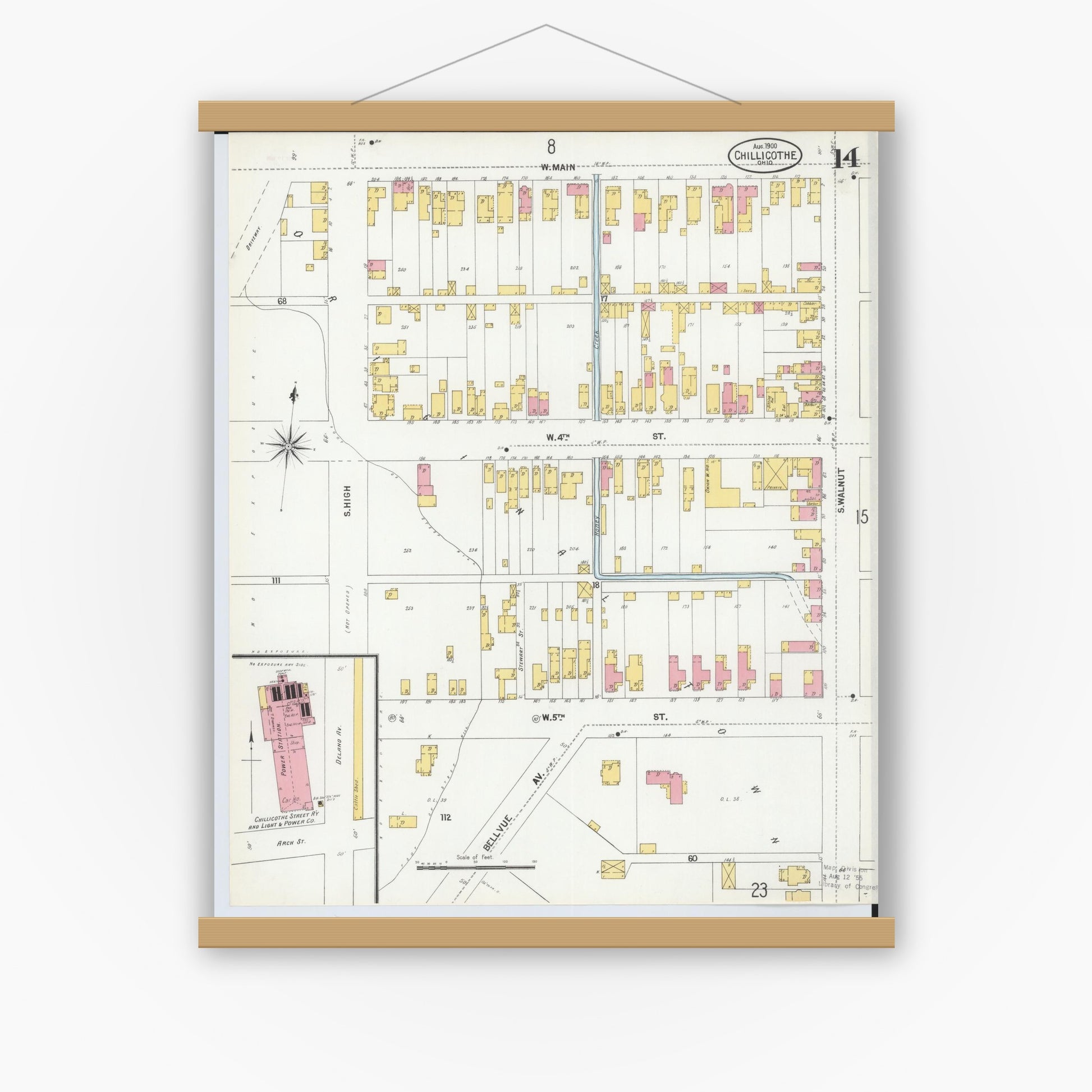 Old map wall art mockup — magnetic wood frame on white wall — Sanborn Fire Insurance Map from Chillicothe, Ross County, Ohio (1900), Sheet #0014