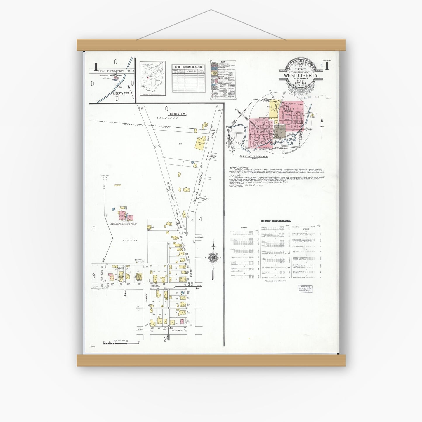 Old map wall art mockup — magnetic wood frame on white wall — Sanborn Fire Insurance Map from West Liberty, Logan County, Ohio (1948) - Complete Map Set